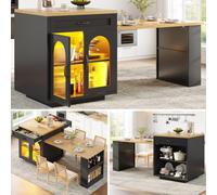 Matteo Extendable Kitchen Island With Rgb Led Lighting, Black Mdf Countertop & Fluted Glass Doors, 2 Drawers & Adjustable Shelves