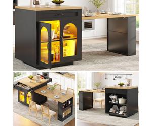 Matteo Extendable Kitchen Island With Rgb Led Lighting, Black Mdf Countertop & Fluted Glass Doors, 2 Drawers & Adjustable Shelves