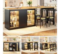 Matteo Extendable Sideboard & Dining Table With Rgb Led Lights & Glass Shelves - White/black Kitchen Cabinet For Small Spaces