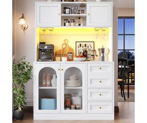 Matteo Farmhouse Style 4-Door Sideboard Cabinet With Led Lights & Fluted Glass, White