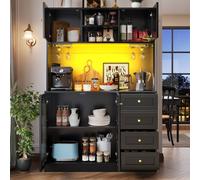 Matteo Farmhouse Style Sideboard Cabinet With Led Lights, Fluted Glass Doors & 4 Doors, Black - 120X40X188Cm
