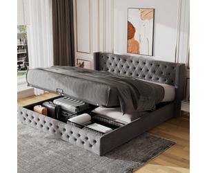 Matteo Functional Upholstered Bed With Hydraulic Lever, 150X200 Cm, Grey Velvet, Without Mattress
