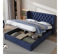 Matteo Functional Velvet Upholstered Bed 135X190 Cm With Hydraulic Lever - Blue