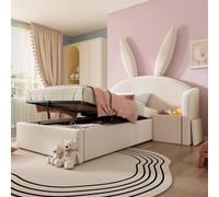 Matteo Girl's Bunny Ears Kids Bed - Upholstered with Storage & Nightstand - Beige | Size: Single Matteo Beige Single