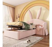 Matteo Girl's Bunny Ears Single Upholstered Kids Bed - Hydraulic Storage, Rose Matteo Rose Single