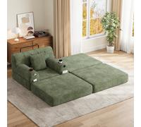 Matteo Green Corduroy 1-Seater Sofa Bed Chair With High Backrest, Storage Pockets & Cup Holders - Space-Saving Design