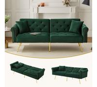 Matteo Green Velvet 2-Seater Sofa Bed With 3-Stage Adjustable Backrest & Gold Metal Legs - Modern, Space-Saving & Durable
