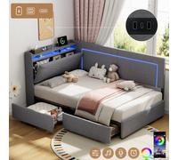 Matteo Grey 3Ft Single Daybed With Led Headboard, Usb/type-C Charging & 2 Storage Drawers - Modern Linen Sofa Bed For Small Spaces