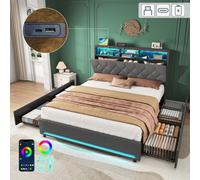 Matteo Grey 4Ft6 Double Bed Frame With 4 Storage Drawers, Rgb Led Lighting & Charging Station - Linen Upholstered