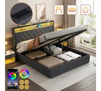 Matteo Grey 4Ft6 Double Upholstered Ottoman Bed Frame With Hydraulic Storage, Rgb Led Lighting & Integrated Charging Station