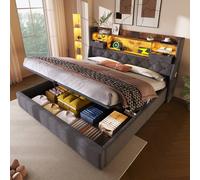 Matteo Grey Double Bed Frame - Hydraulic Lift, LED & USB-C Storage Headboard Matteo Grey Double