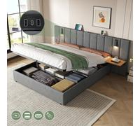 Matteo Grey King Size Velvet Ottoman Bed Frame With Charging Station, Reading Light & Hydraulic Storage