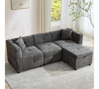 Matteo Grey L-Shaped Sectional Sofa With Removable Storage Ottoman & 2 Pillows - Modern Fabric Couch For Living Room, 204Cm