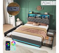 Matteo Grey Linen Double Bed Frame with 4 Drawers, RGB LED & Charging Matteo Grey Double