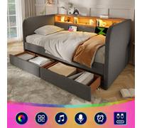 Matteo Grey Linen Upholstered 3Ft Single Daybed With Led Headboard, Usb-C & 2 Storage Drawers