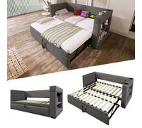 Matteo Grey Linen Upholstered Daybed With Pull-Out Trundle, 3Ft Single Sofa Guest Bed With Usb/type-C Charging & Cup Holders