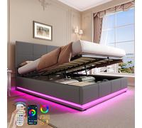 Matteo Grey Ottoman Double Bed with LED Lighting & Hydraulic Storage - 4ft6 PU Leather Bed Frame with Adjustable Headboard Matteo Grey Double