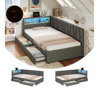 Matteo Grey Single Daybed Frame With Storage Drawers, Rgb Led Lighting & Usb Charging Station - Linen Upholstered