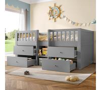 Matteo Grey Solid Wood Low Loft Bed Frame With Storage Drawers & Guardrail - Space-Saving 3Ft Single Children's Bed