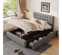 Matteo Grey Upholstered Ottoman Double Bed Frame 4Ft6 With Hydraulic Lift & 3 Storage Drawers