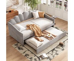 Matteo Grey Velvet 3Ft Single Upholstered Daybed With Pull-Out Trundle - Space-Saving Guest Bed