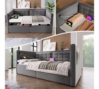 Matteo Grey Velvet Daybed: 3Ft Single Upholstered Sofa Bed With Usb & Type-C Charging, Hydraulic Storage