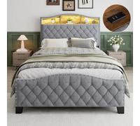 Matteo Grey Velvet Double Bed Frame With Integrated Storage, Led Lights & Upholstered Headboard (4Ft6)
