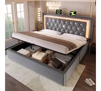 Matteo Grey Velvet Double Bed with LED, USB & Hydraulic Storage Matteo Grey Double
