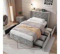 Matteo Grey Velvet Upholstered 3Ft Single Storage Bed With 4 Drawers, Integrated Led Lamp & Usb-C Charging Ports