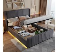 Matteo Grey Velvet Upholstered 4Ft6 Double Ottoman Storage Bed With Hydraulic Lift & Integrated Led Lighting