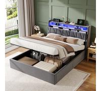 Matteo Grey Velvet Upholstered Double Bed Frame With Hydraulic Storage, Led Lighting & Usb/type-C Charging (4Ft6)