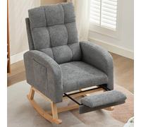 Matteo Grey Waffle Fabric Rocking Chair with Adjustable Footrest, Solid Wood Matteo Grey