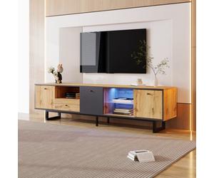 Matteo Industrial Modern Tv Unit With Led Lighting, Soft-Close Doors & Glass Shelves, Anthracite & Natural Wood Effect, 190Cm