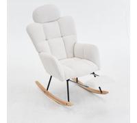 Matteo Ivory White Teddy Fabric Rocking Chair With Padded Seat, Headrest & Foldable Footrest