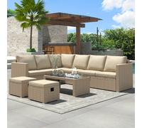 Matteo Khaki Rattan Effect 8-Seater Corner Garden Sofa Set With Coffee Table & 2 Stools - Durable & Comfortable Outdoor Furniture