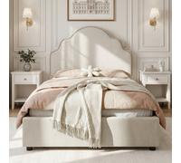 Matteo Kids Single Bed Frame 3Ft (90X190Cm) - Scalloped Beige Linen Fabric Upholstered Princess Platform Bed With Curved Headboard