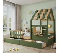 Matteo Kids' Wooden Single Bed Frame 3Ft (90X190Cm) With 2 Storage Drawers & Fun House Design - Green & Natural