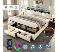 Matteo King Bed Frame - LED, Hydraulic Storage & Charging, Beige Linen Matteo Beige King