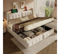 Matteo King Size (5Ft) Ottoman Bed Frame With Led Headboard, Usb & Type-C Charging, Beige Linen Upholstery