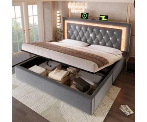 Matteo King Size 5Ft Upholstered Ottoman Bed With Led, Usb Charging & Adjustable Velvet Headboard - Grey
