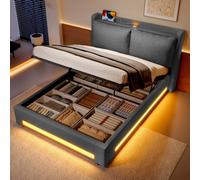 Matteo King Size Dark Gray Upholstered Bed Frame With Hydraulic Storage, Led Lights & Usb-C Headboard