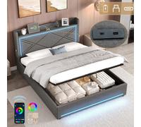 Matteo King Size Grey Linen Ottoman Bed Frame With Hydraulic Storage, Rgb Led Lights & Usb/type-C Charging Station