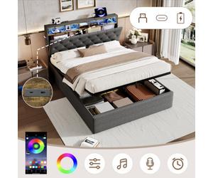 Matteo King Size Grey Linen Ottoman Bed Frame With Rgb Led Headboard, Usb & Type-C Charging & Integrated Storage