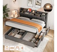 Matteo King Size Grey Linen Upholstered Ottoman Bed Frame With Hydraulic Lift Storage, Charging Ports & Led Light