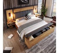 Matteo King Size Linen Upholstered Bed With Storage Bench & Reading Lamps in Light Oak Matteo Light Oak King