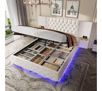 Matteo King Size Ottoman Bed Frame - Beige Velvet, Wide Headboard With Shelves, Led Lighting, Usb-C & Hydraulic Storage