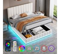Matteo King Size Ottoman Bed Frame With Rgb Led Lights, Pu Leather, Hydraulic Storage & Adjustable Headboard - Cream White