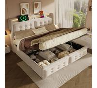 Matteo King Size Upholstered Bed Frame - Hydraulic Storage, LED, USB-C in Beige Matteo Beige King