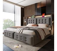 Matteo King Size Upholstered Bed Frame With Hydraulic Storage, Led Lighting & Integrated Usb/type-C Charging Ports - Grey 5Ft