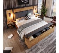 Matteo King Size Upholstered Bed Frame With Storage Bench, Reading Lights & Usb Charging - Oak